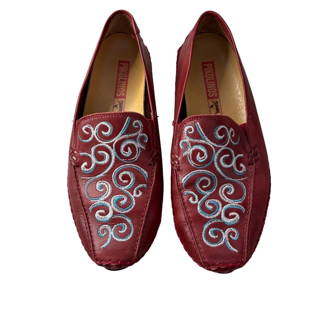 Pikolinos Red Leather Embroidered Loafers Driving Moccasins Flats Womens Size 36 - Picture 2 of 11